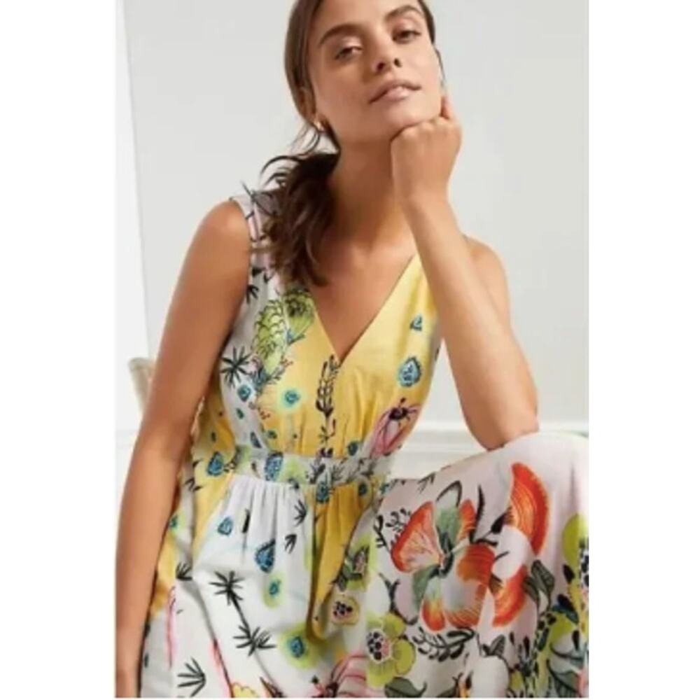 Anthropologie Womens Dress Size‎ M V Neck Smocked Waist Maxi Floral Print Ruffle - Picture 2 of 8